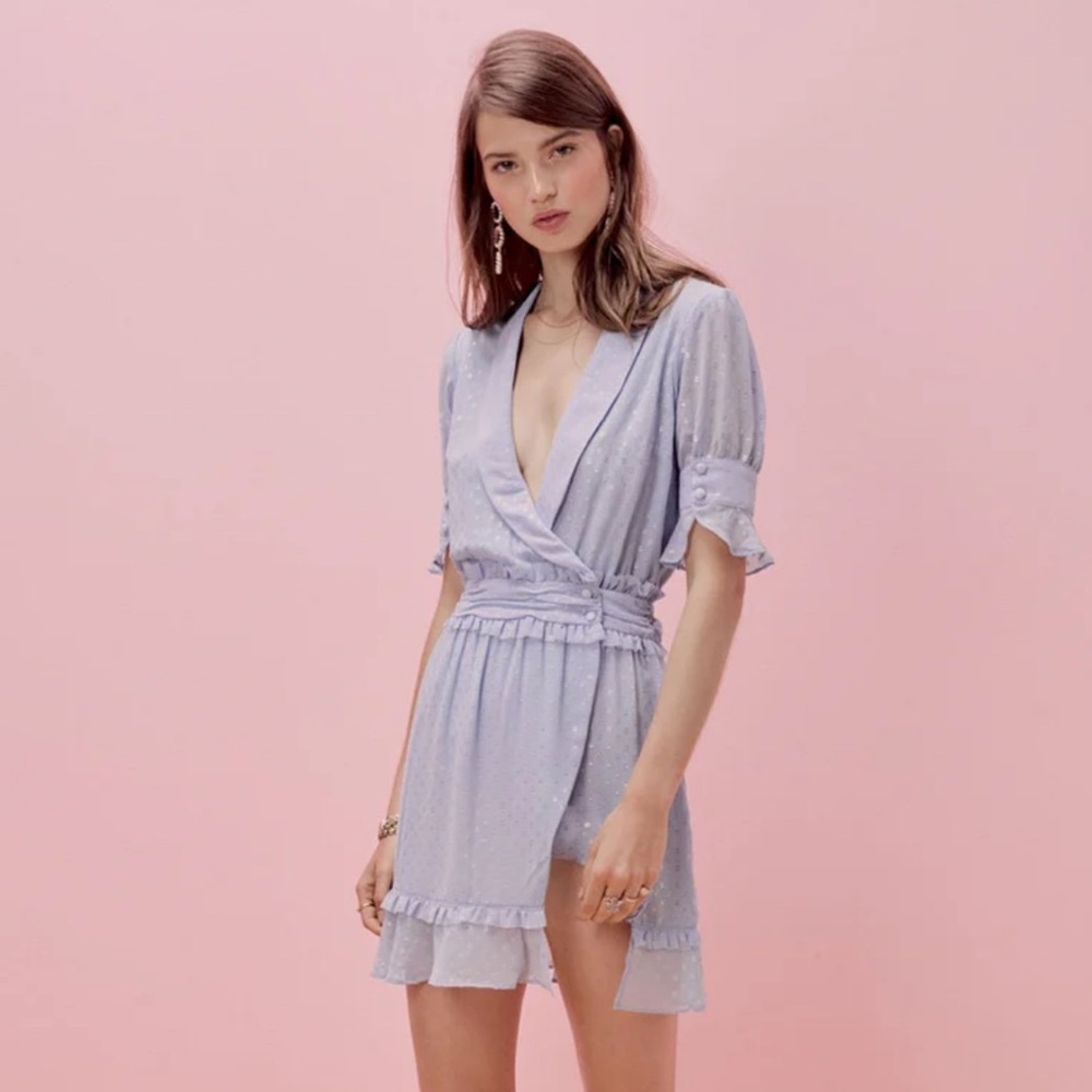 FOR LOVE & LEMONS Blue La Karla Polka Dot Blue Ruffle Slit Dress